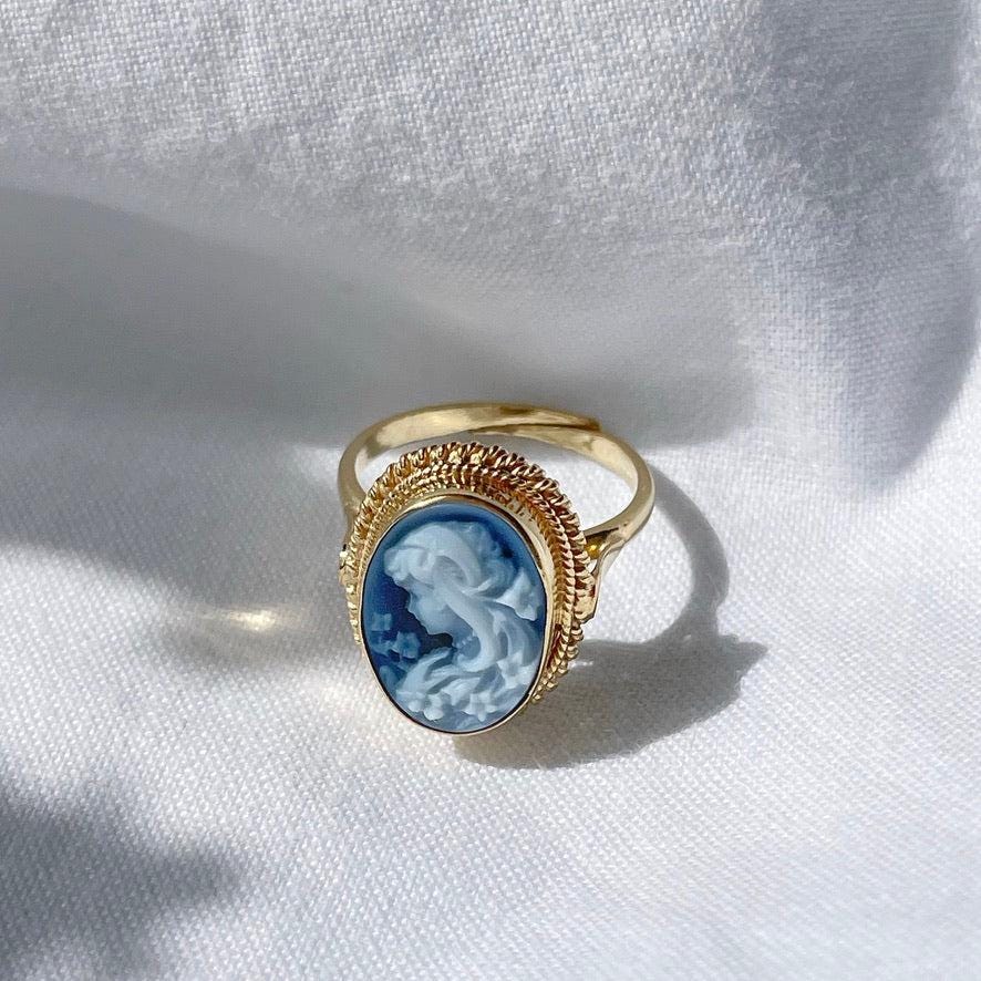 Blue cameo adjustable ring, golden silver sterling 925, gift for her, made in Italy, Mother of the bride, victorian style, gold cameo ring
