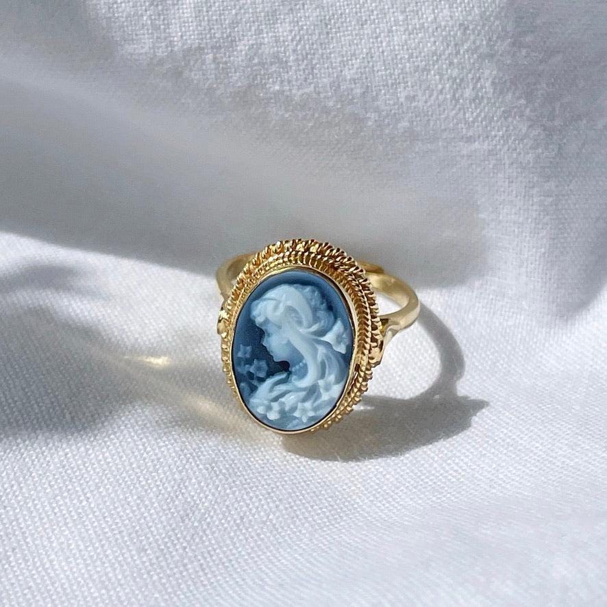 Blue cameo adjustable ring, golden silver sterling 925, gift for her, made in Italy, Mother of the bride, victorian style, gold cameo ring