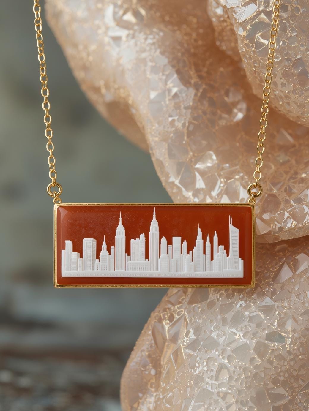 Hand-Carved Seashell Cameo Necklace, Custom City Skyline, 18k Gold