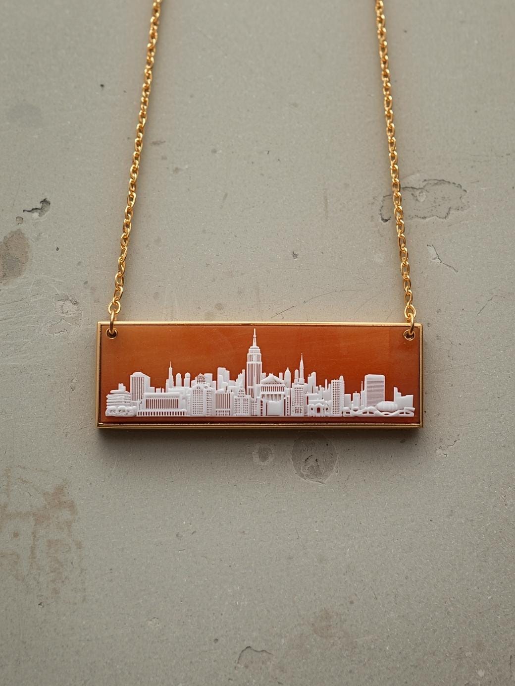 Hand-Carved Seashell Cameo Necklace, Custom City Skyline, 18k Gold
