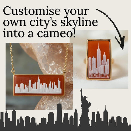 Hand-Carved Seashell Cameo Necklace, Custom City Skyline, 18k Gold