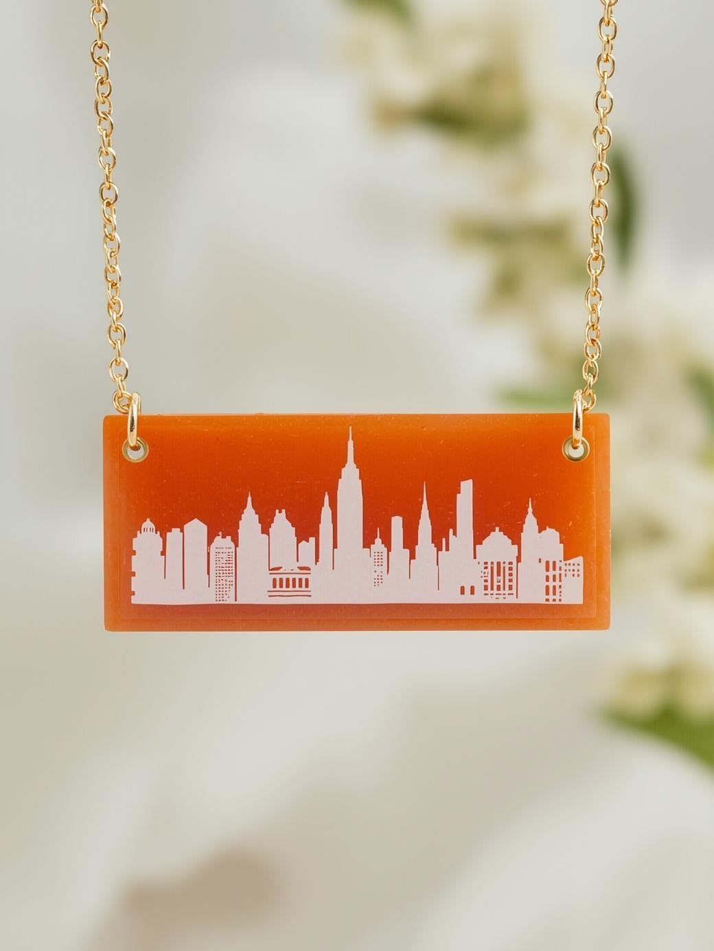 Hand-Carved Seashell Cameo Necklace, Custom City Skyline, 18k Gold