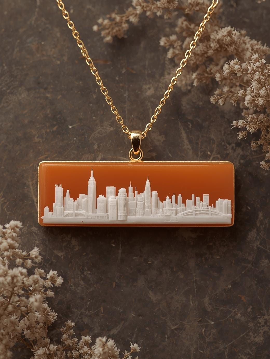 Hand-Carved Seashell Cameo Necklace, Custom City Skyline, 18k Gold
