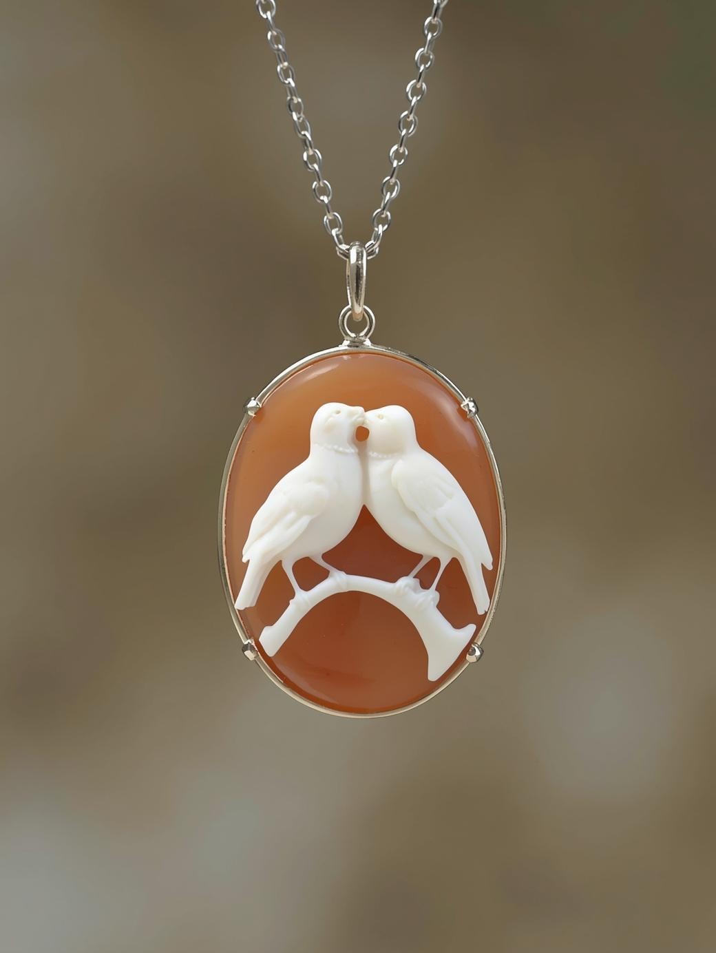 Necklace with a pendant featuring two birds on a branch against a blurred background