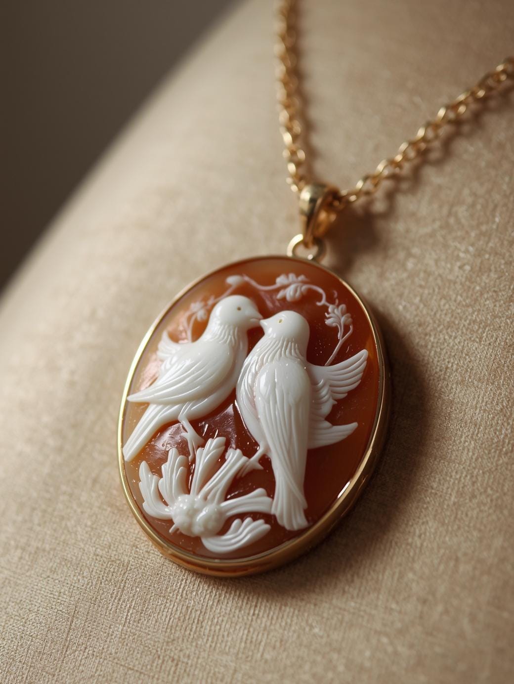 Vintage-style cameo necklace with two doves on a branch