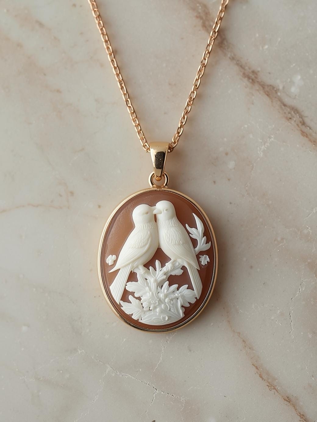 Necklace with a pendant featuring two birds on a branch 