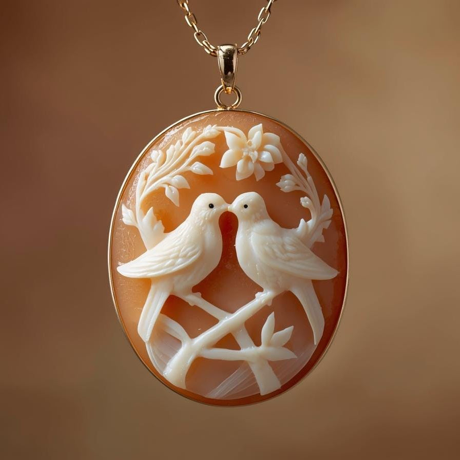 Carved stone pendant with birds on a gold chain against a warm brown background