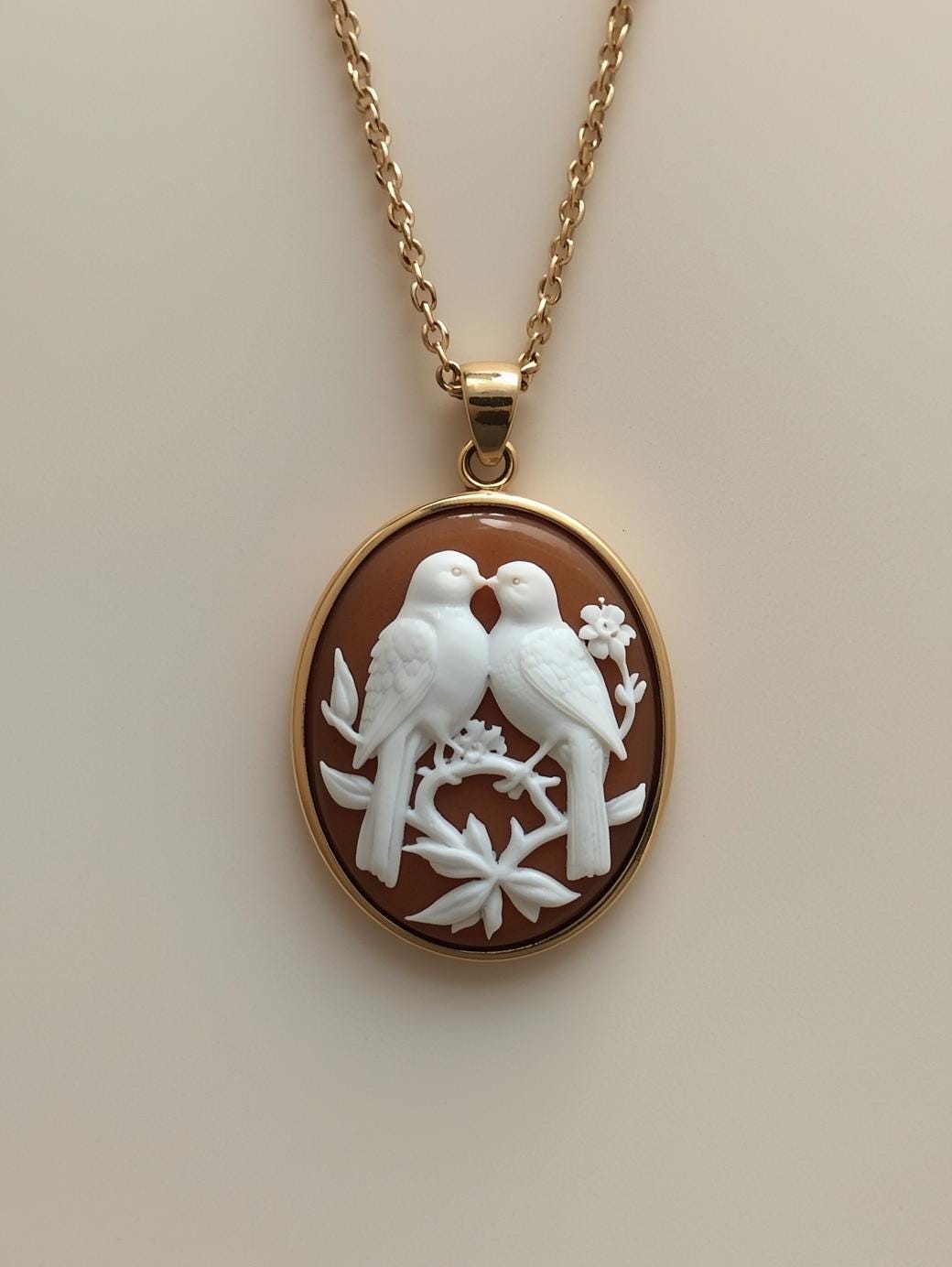Gold necklace with a cameo pendant featuring two birds on a beige background