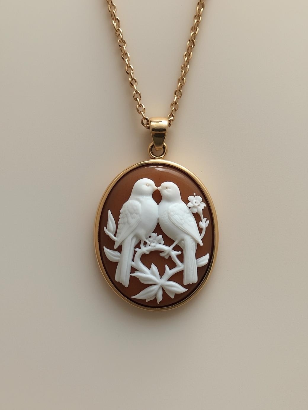 Gold necklace with a cameo pendant featuring two birds on a beige background