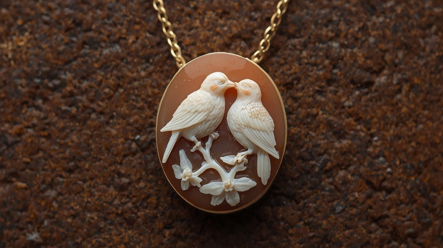 Ornate pendant with two birds on a branch against a textured brown background