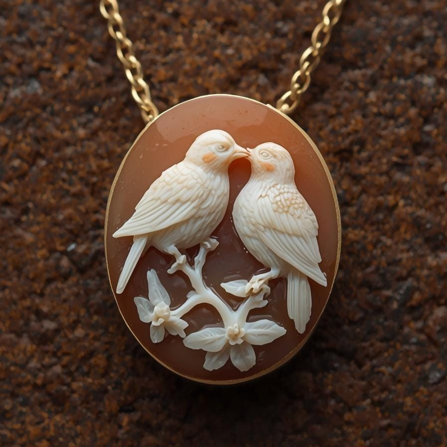 cameo pendant with two birds on a branch carved from seashell