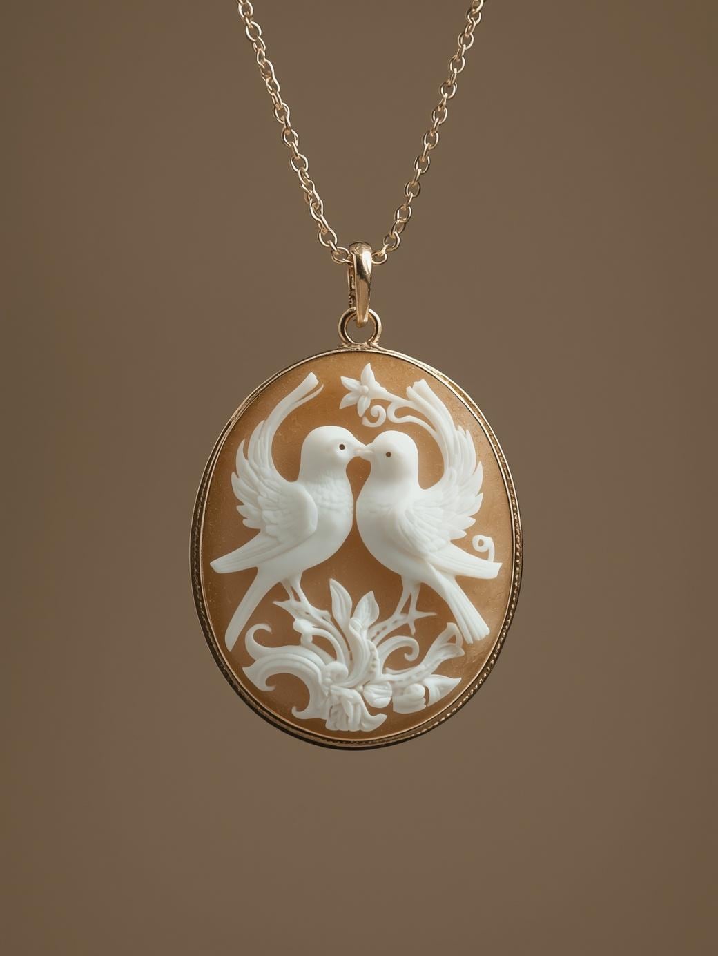 Gold necklace with a pendant featuring two white birds preforming a dance to each other