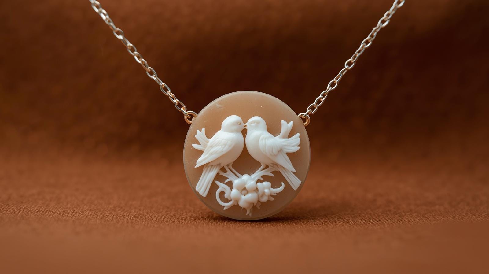 Necklace with a circular pendant featuring two birds on a brown background