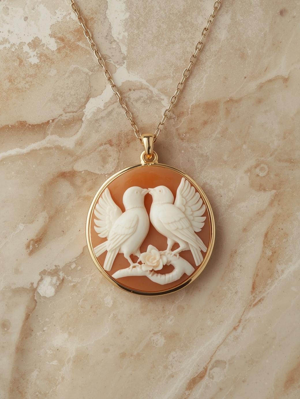 Gold necklace with a pendant featuring two birds on a beige marble background