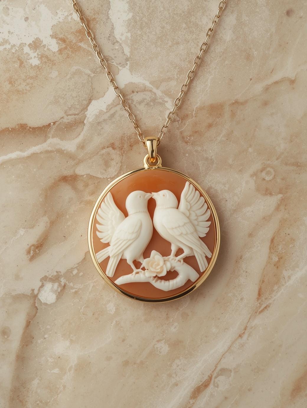 Gold necklace with a round pendant featuring two birds on a beige marble background