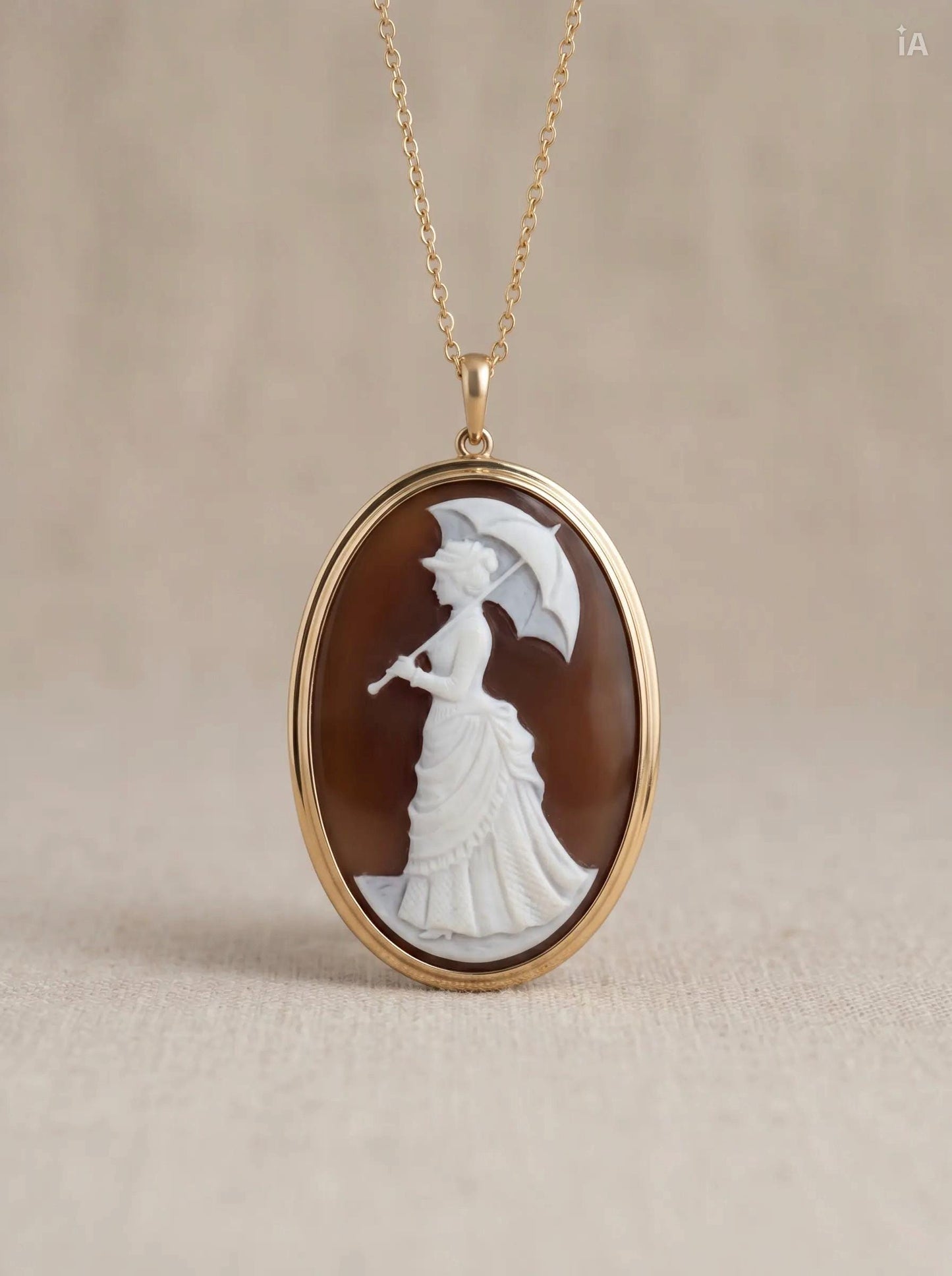 Cameo pendant with a woman holding an umbrella on a beige background