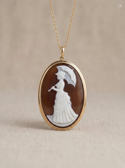 Cameo pendant with a woman holding an umbrella on a beige background