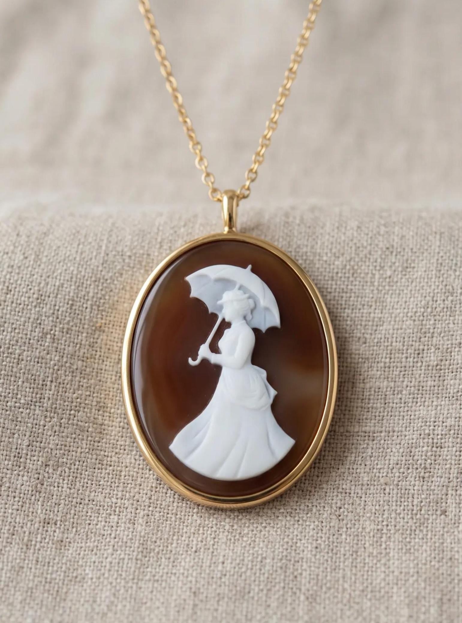 handmade Cameo necklace with a silhouette of the woman with a parasol painting by claude monet 