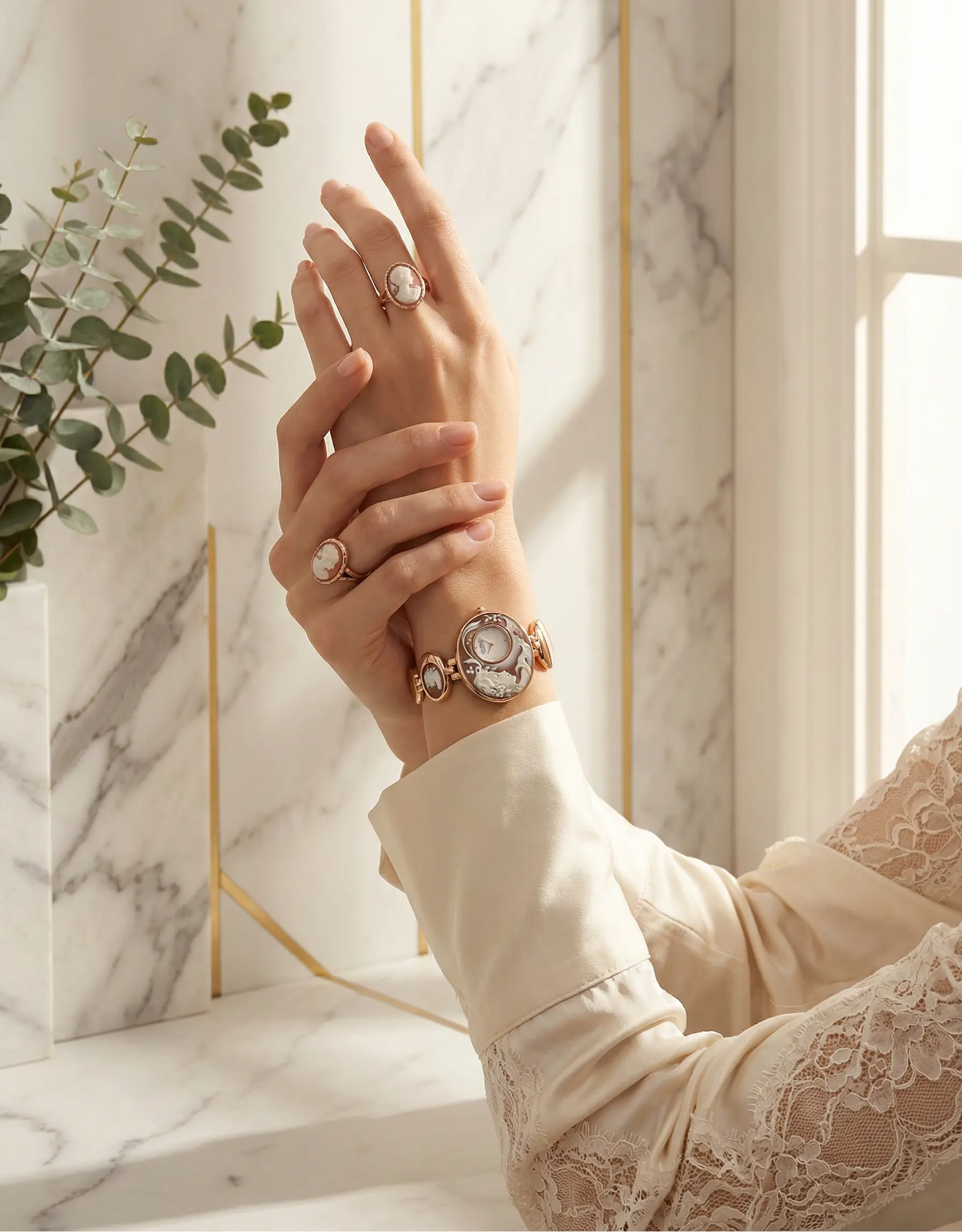 Hand wearing a watch and rings with a marble wall background