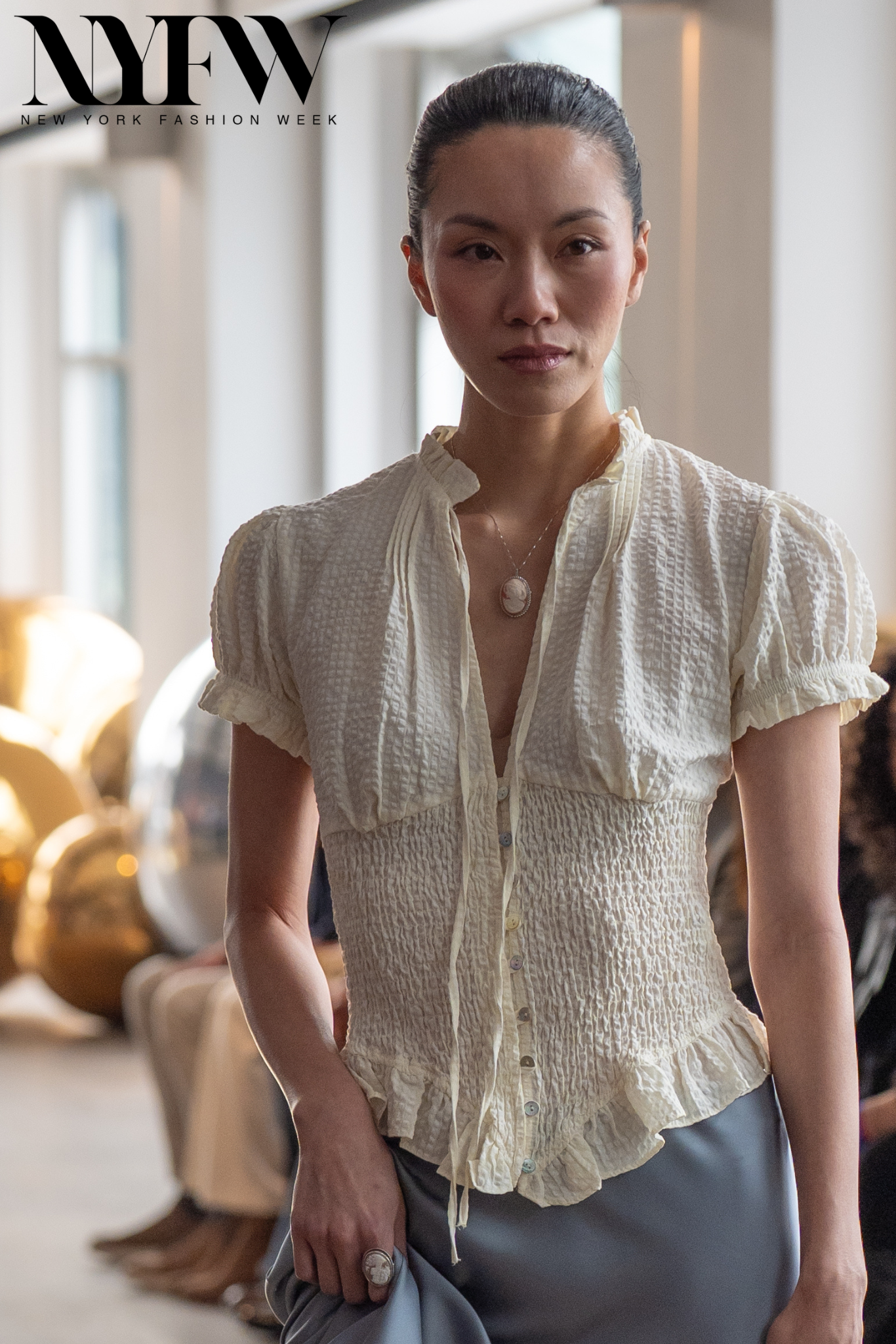 vintage style cameo necklace with silver frame handmade cameo from italy, featured on the New York Fashion Week runway