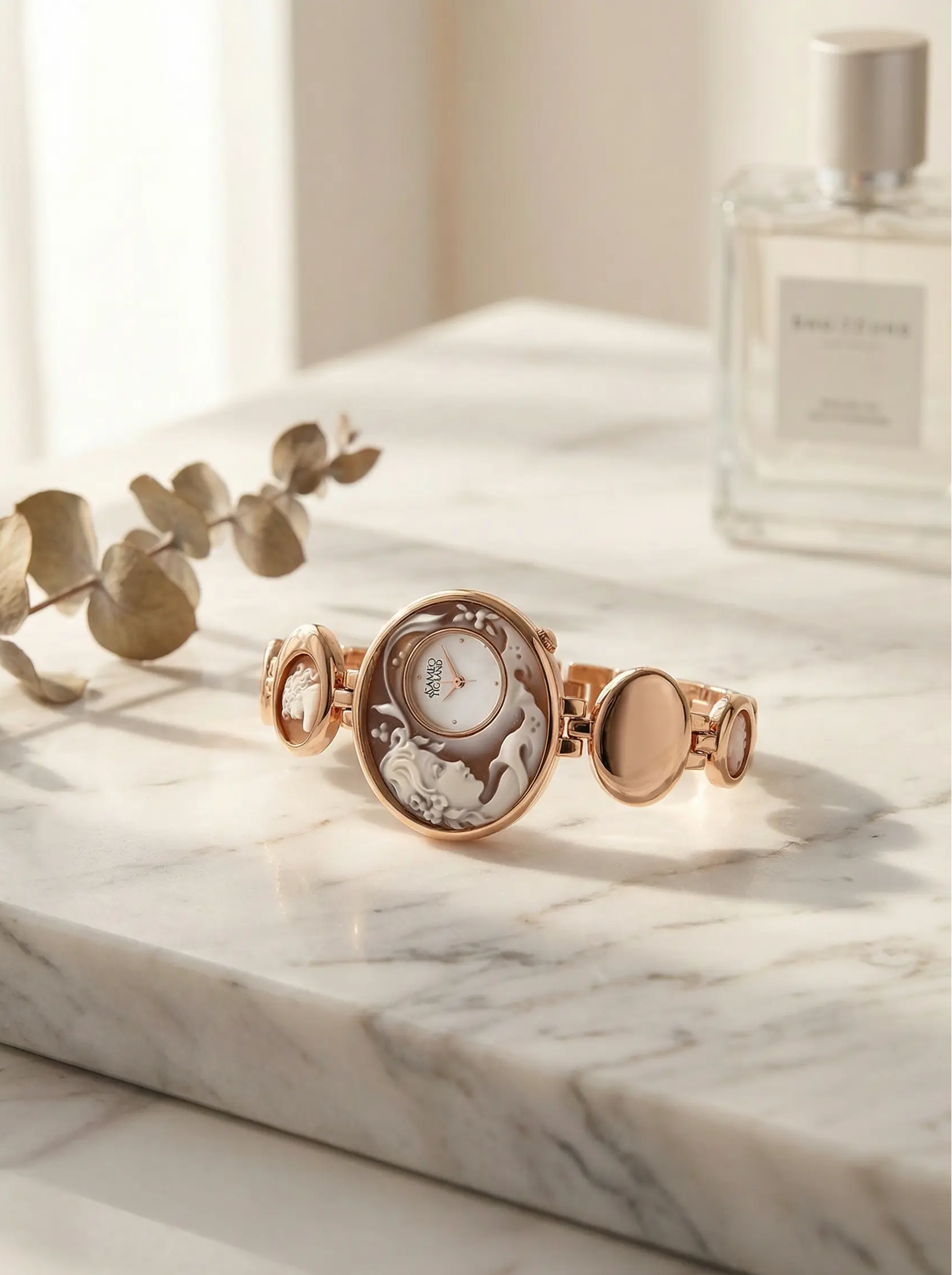 Rose gold bracelet with intricate design on a marble surface next to a bottle of perfume.