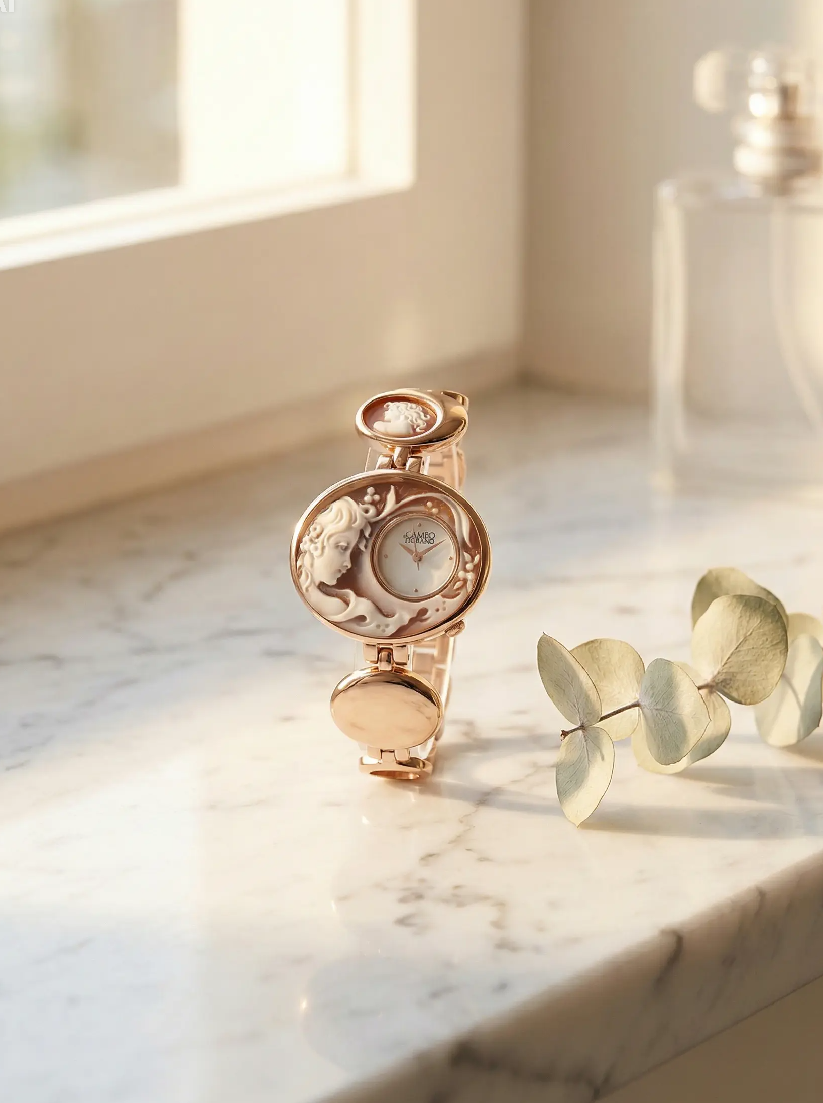 Rose gold watch on a marble surface with a soft focus background