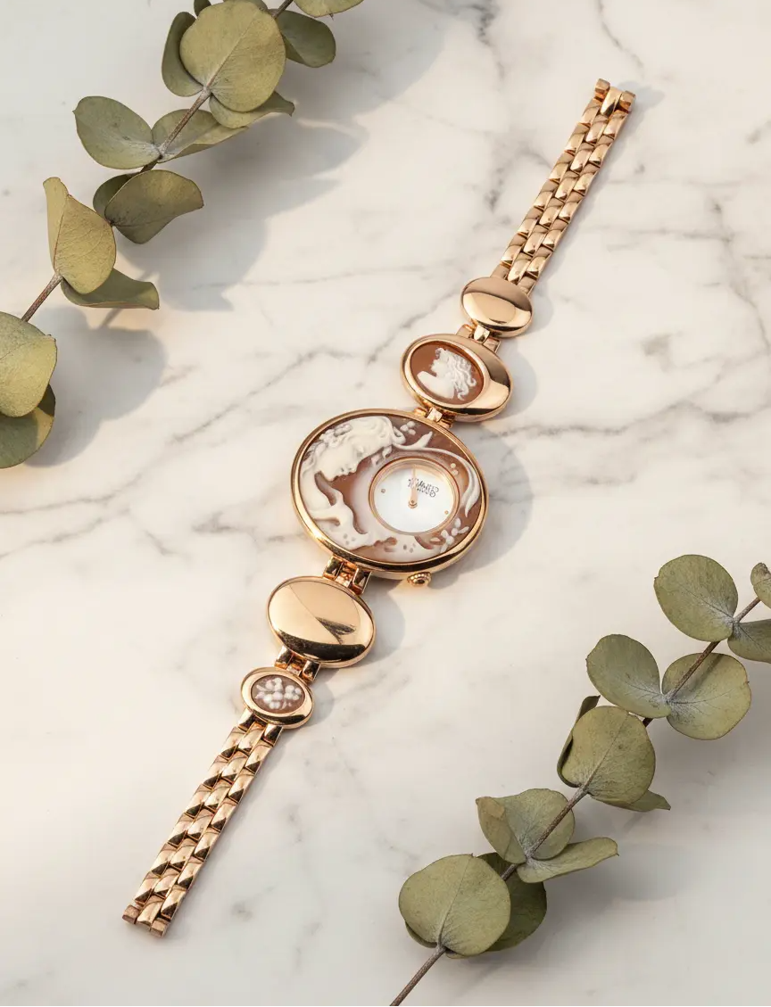 Rose gold bracelet with heart-shaped links on a marble surface with eucalyptus leaves