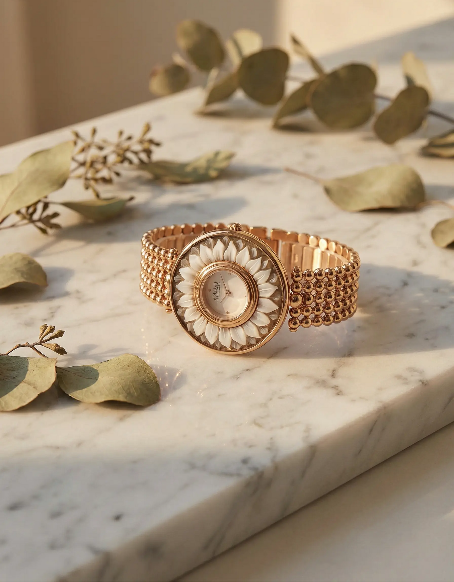 Rose gold bracelet with floral design on a marble surface with green leaves