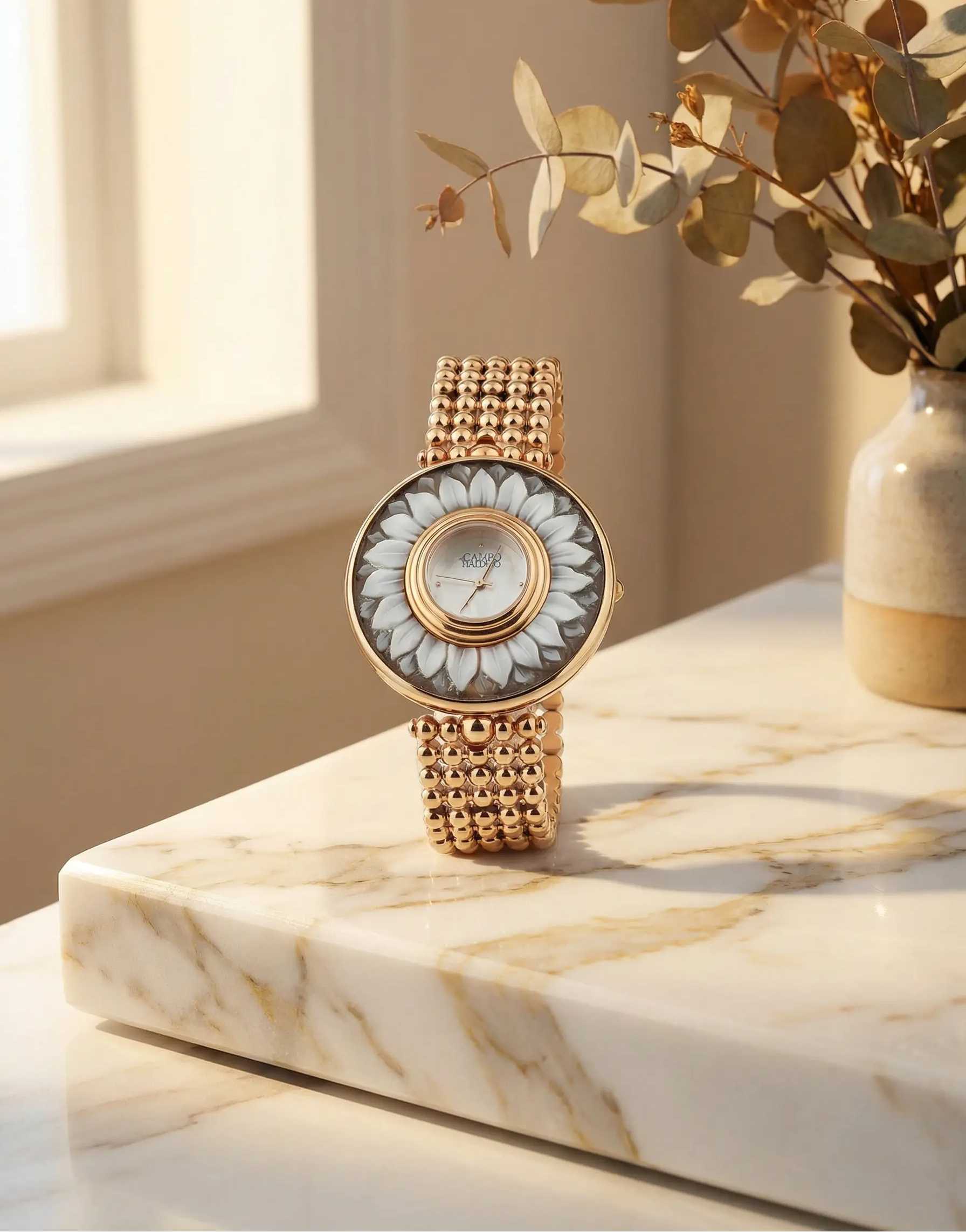 Gold cameo watch with floral design on a marble surface