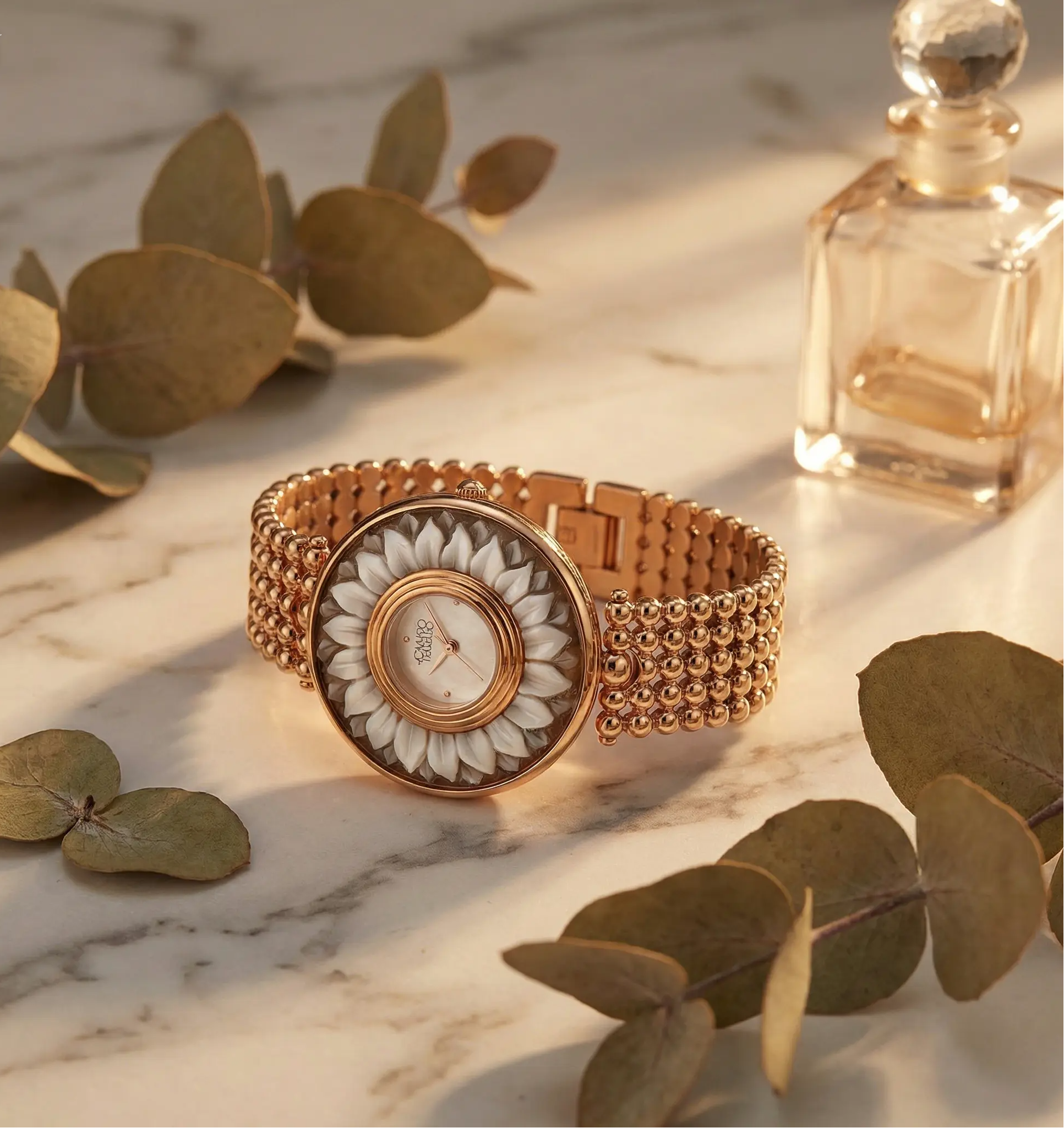 Gold watch with floral face on marble surface with leaves and perfume bottle