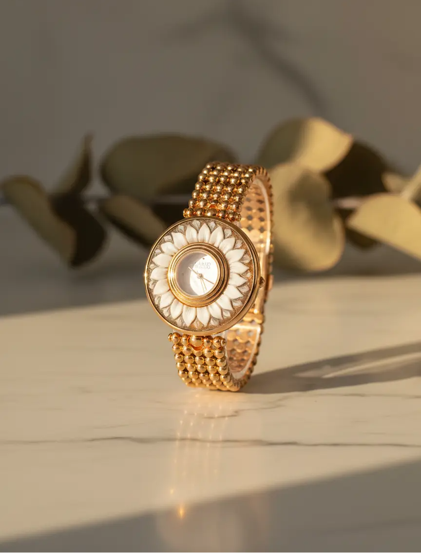 Gold cameo watch with intricate design on a reflective surface with leaves in the background