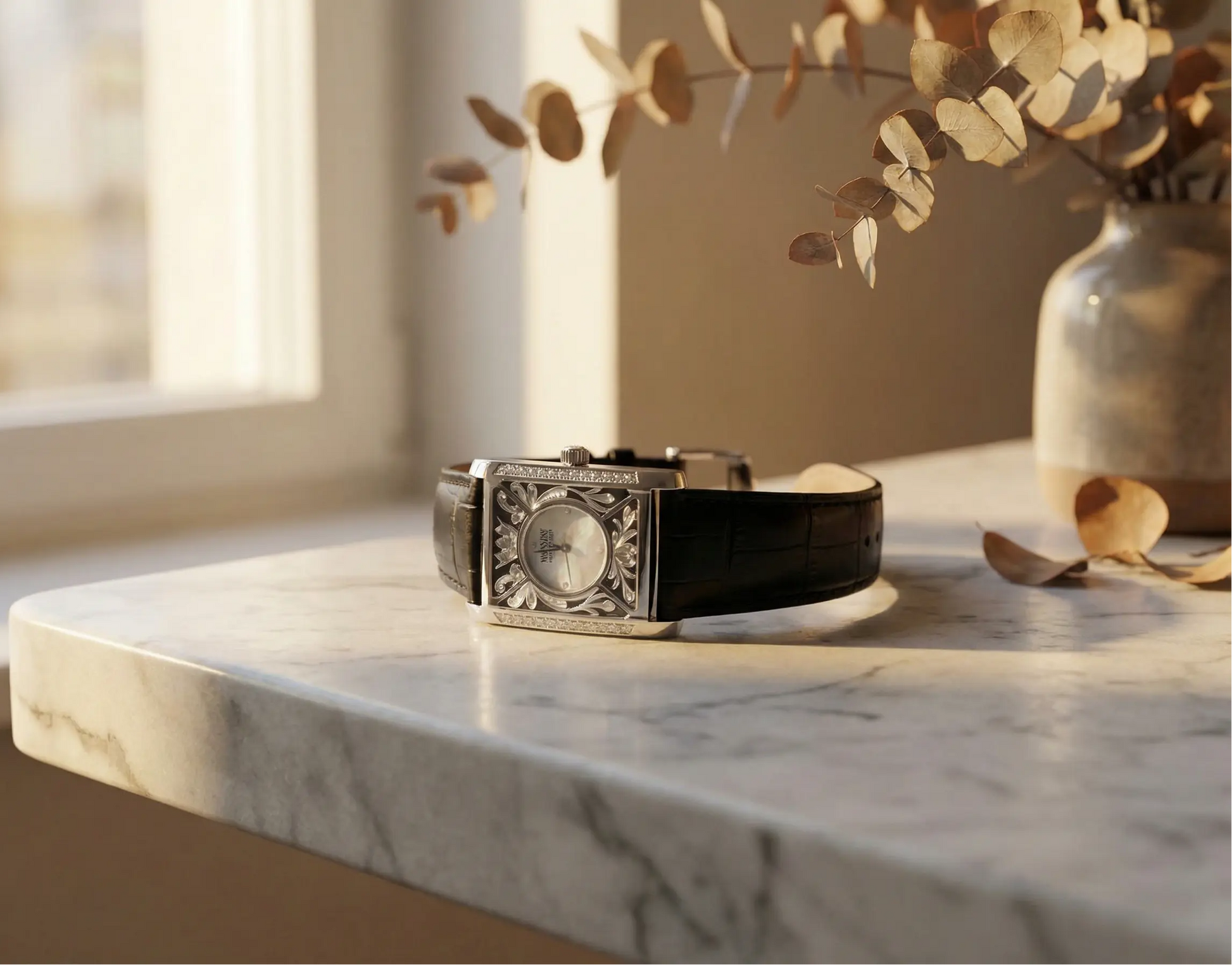 Black leather belt with silver buckle on a marble surface near a vase with dried flowers.