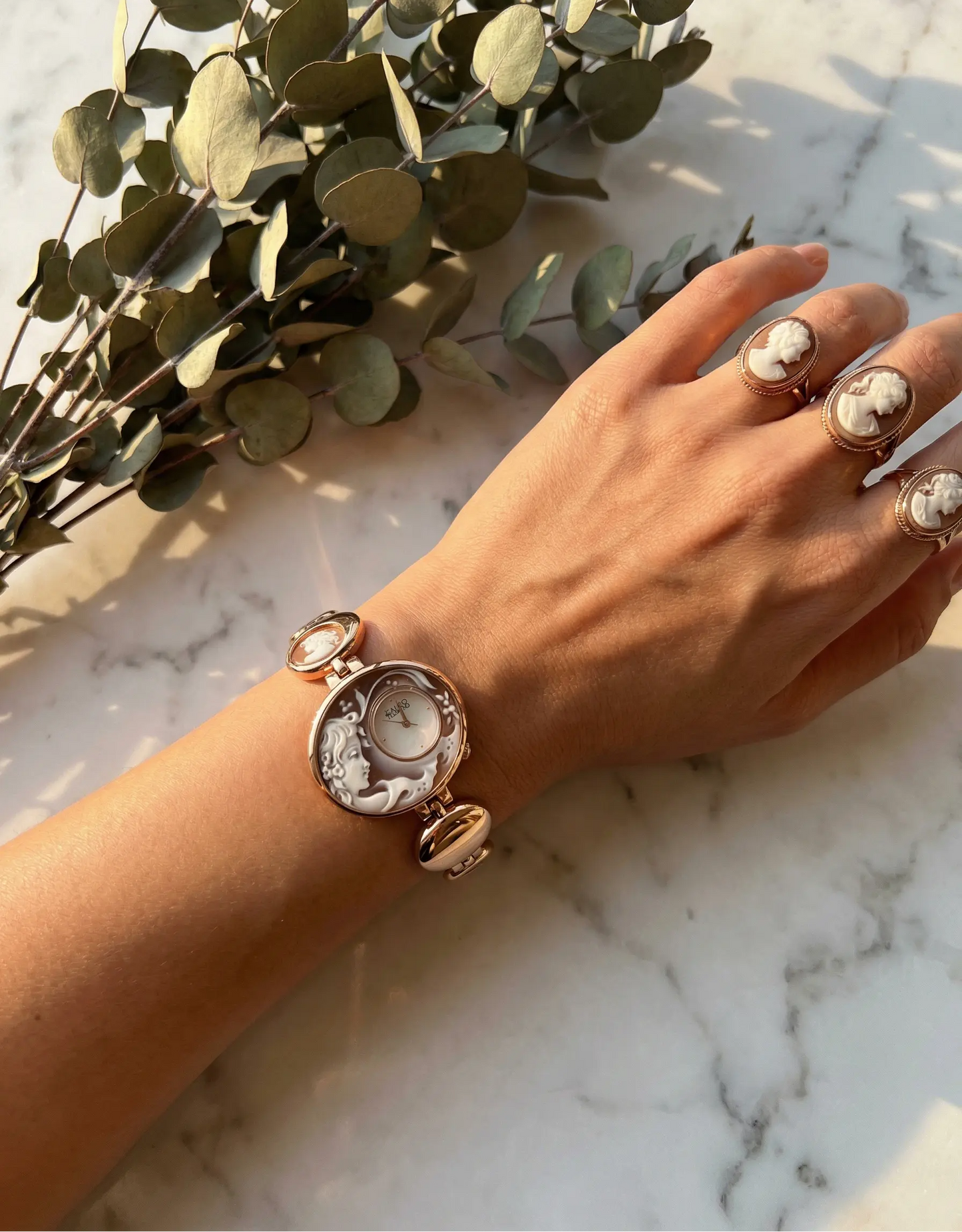 Hand wearing a bracelet and rings on a marble surface with greenery