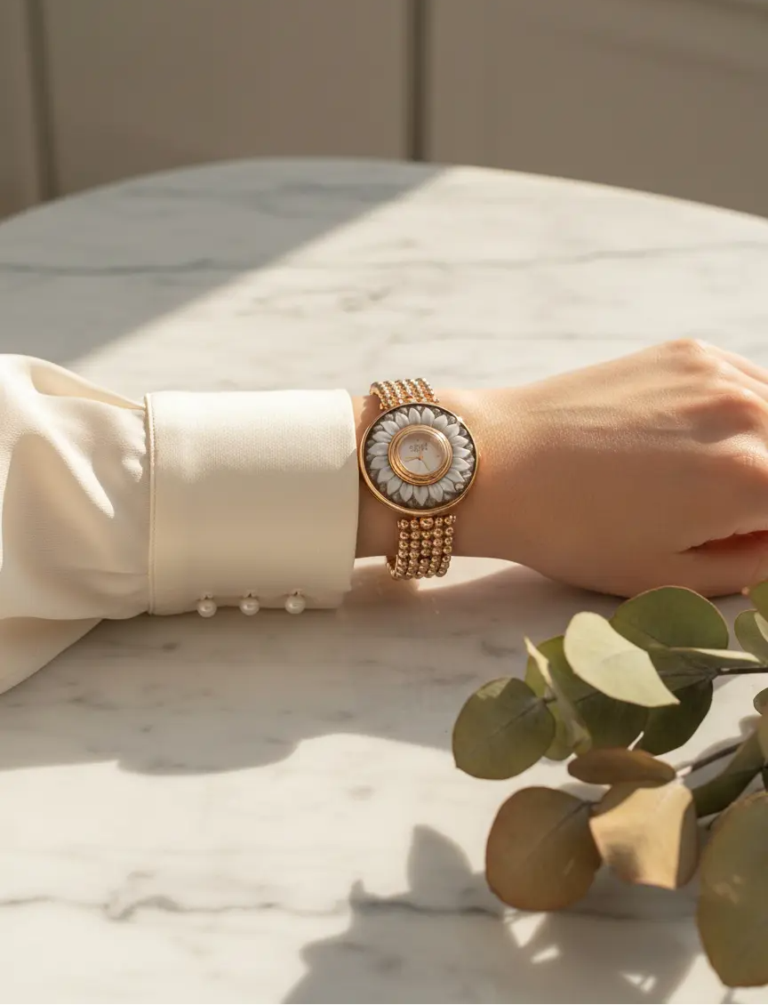 Hand wearing a gold bracelet on a marble surface with a blurred background
