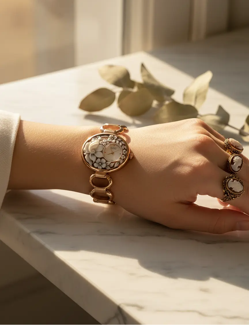 Floral Cameo Watch - Golden Bloom