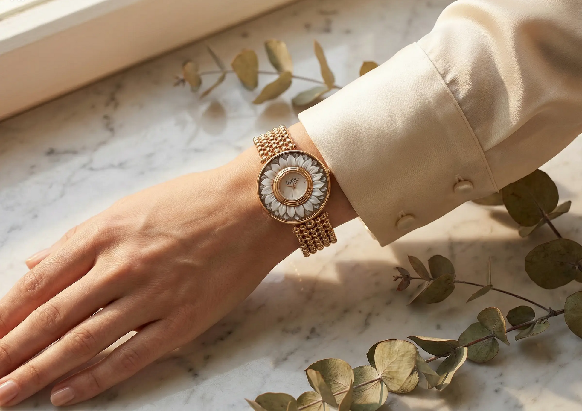Hand wearing a gold watch with floral design on a marble surface with green leaves