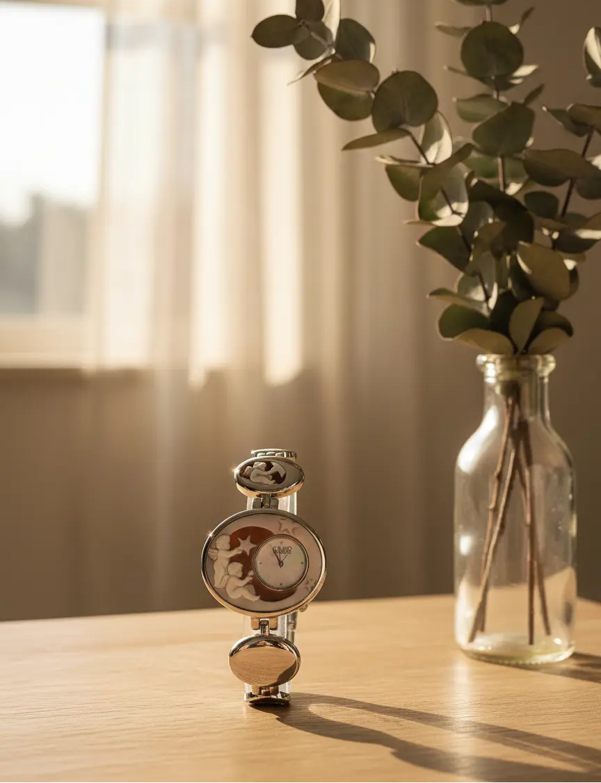 Decorative watch on a wooden surface with a vase of eucalyptus in the background