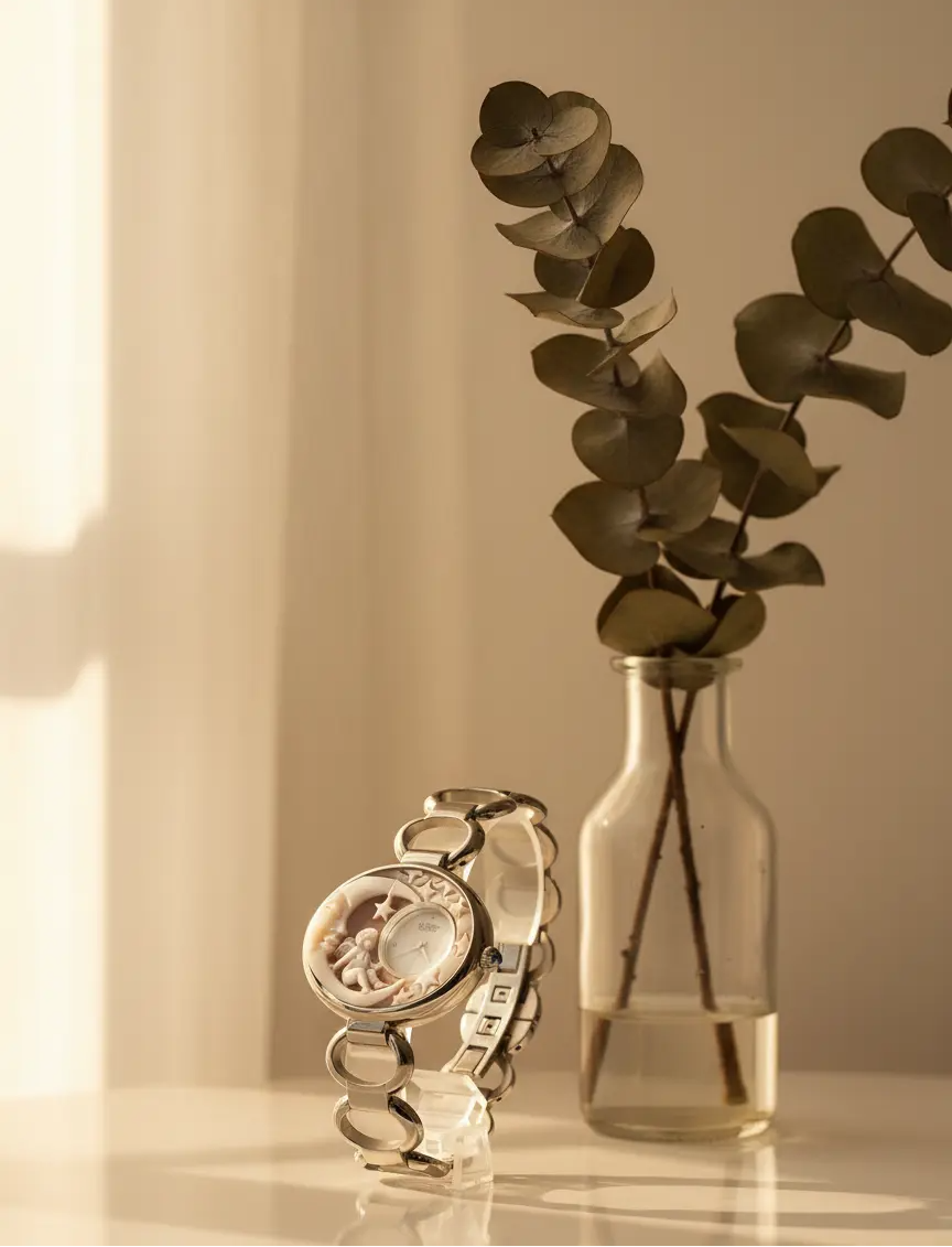 Silver bracelet with a decorative element next to a clear vase with eucalyptus leaves on a neutral background