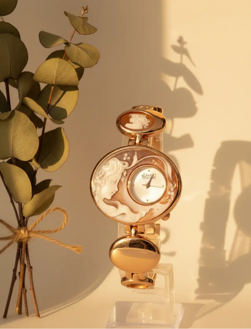 Gold wristwatch with decorative design on a light background