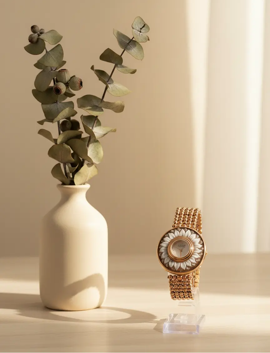 White vase with greenery and a decorative watch on a light surface.